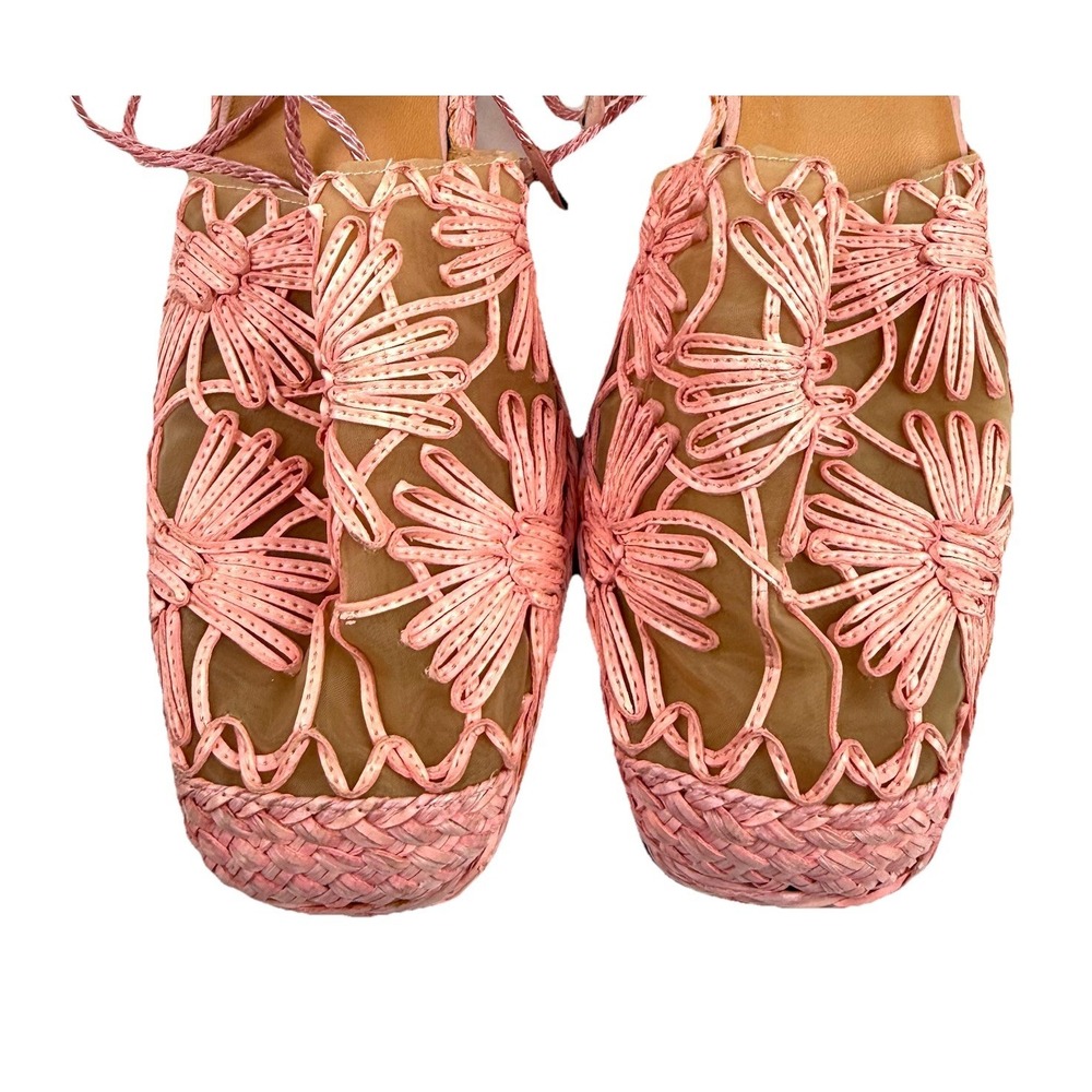 Stuart Weitzman Rafia Espadrille Flats Pink Mesh Barbiecore Lace Up 10 Narrow - Picture 5 of 9